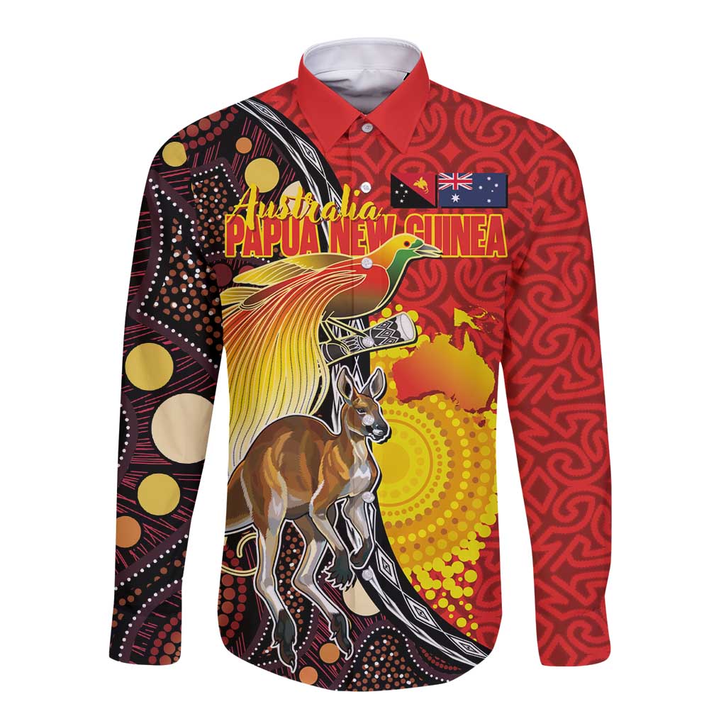 Australia and Papua New Guinea Together Long Sleeve Button Shirt Bird-of-paradise and Kangaroo with Oro Tapa and Aboriginal Art Motifs - Aussie Hoodie