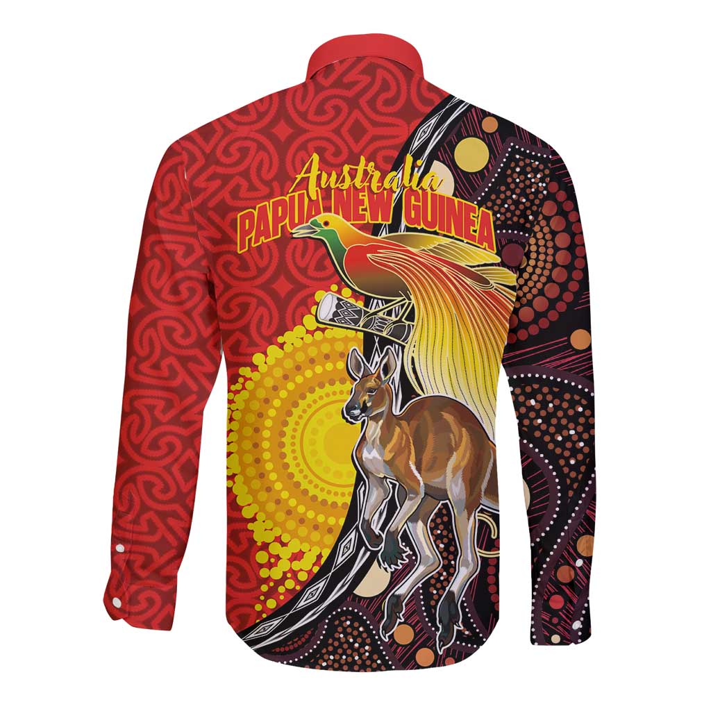 Australia and Papua New Guinea Together Long Sleeve Button Shirt Bird-of-paradise and Kangaroo with Oro Tapa and Aboriginal Art Motifs - Aussie Hoodie