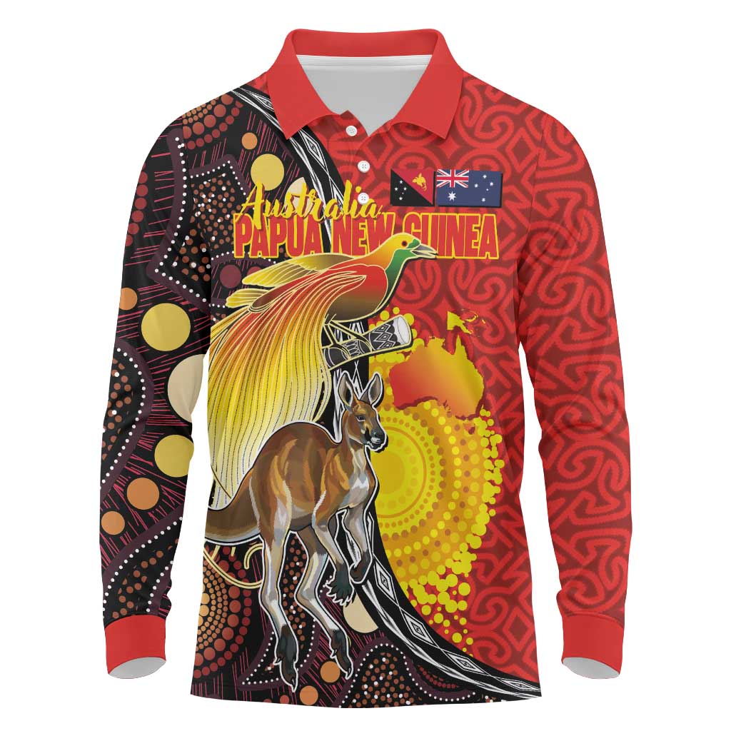 Australia and Papua New Guinea Together Long Sleeve Polo Shirt Bird-of-paradise and Kangaroo with Oro Tapa and Aboriginal Art Motifs - Aussie Hoodie