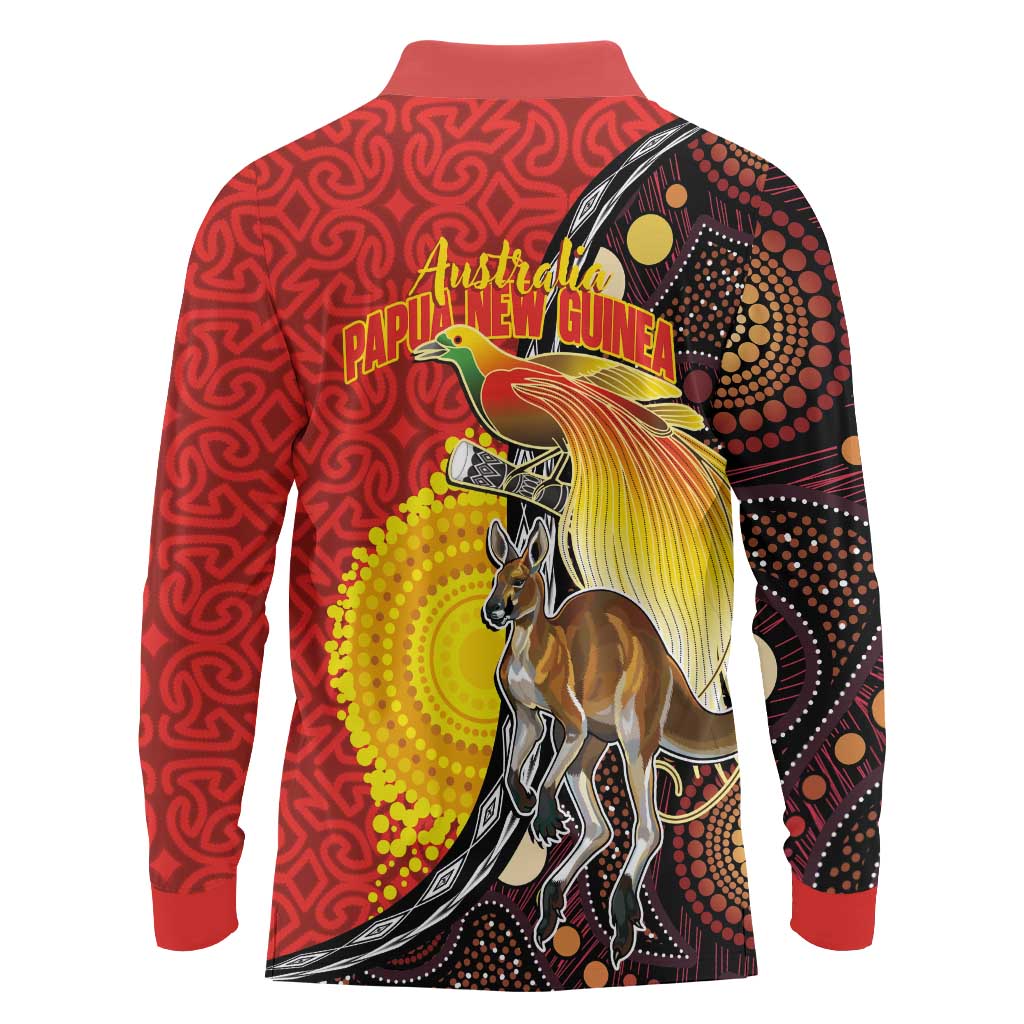 Australia and Papua New Guinea Together Long Sleeve Polo Shirt Bird-of-paradise and Kangaroo with Oro Tapa and Aboriginal Art Motifs - Aussie Hoodie
