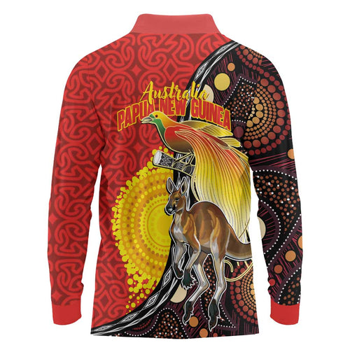 Australia and Papua New Guinea Together Long Sleeve Polo Shirt Bird-of-paradise and Kangaroo with Oro Tapa and Aboriginal Art Motifs - Aussie Hoodie