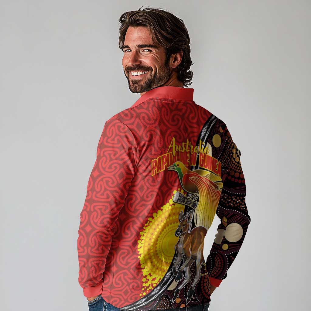 Australia and Papua New Guinea Together Long Sleeve Polo Shirt Bird-of-paradise and Kangaroo with Oro Tapa and Aboriginal Art Motifs - Aussie Hoodie