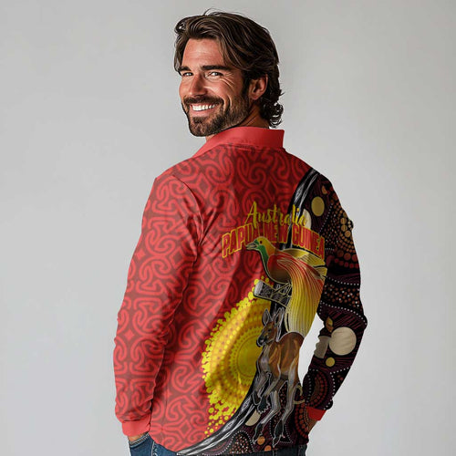 Australia and Papua New Guinea Together Long Sleeve Polo Shirt Bird-of-paradise and Kangaroo with Oro Tapa and Aboriginal Art Motifs - Aussie Hoodie