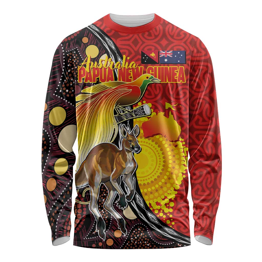 Australia and Papua New Guinea Together Long Sleeve Shirt Bird-of-paradise and Kangaroo with Oro Tapa and Aboriginal Art Motifs - Aussie Hoodie