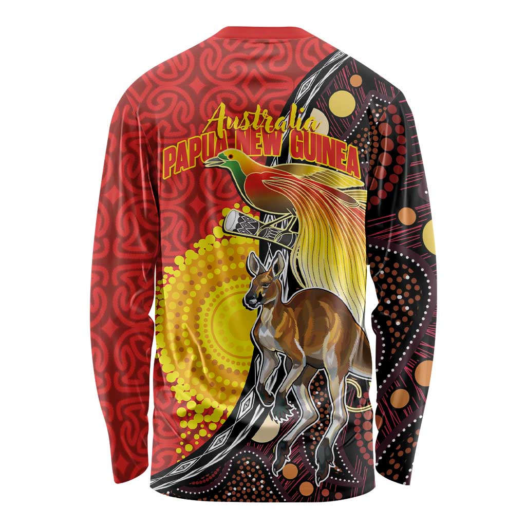 Australia and Papua New Guinea Together Long Sleeve Shirt Bird-of-paradise and Kangaroo with Oro Tapa and Aboriginal Art Motifs - Aussie Hoodie