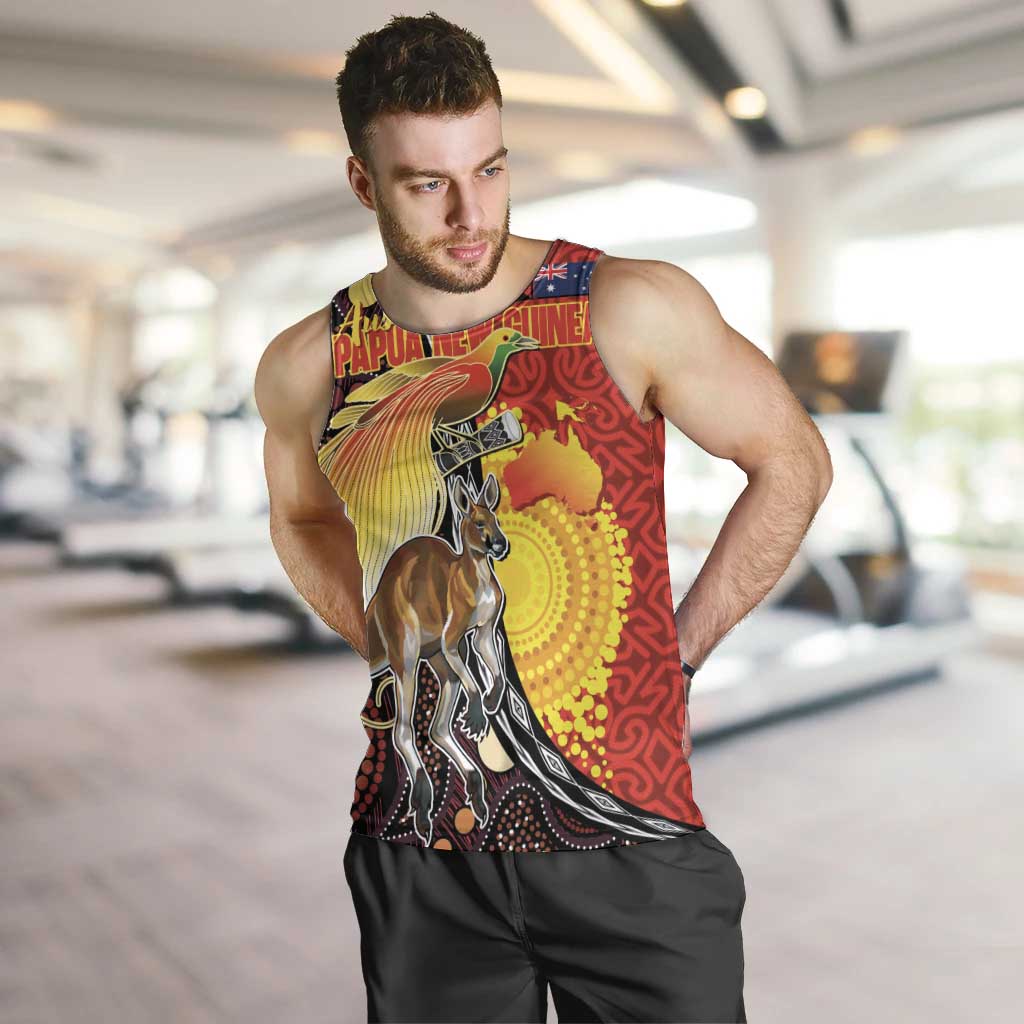Australia and Papua New Guinea Together Men Tank Top Bird-of-paradise and Kangaroo with Oro Tapa and Aboriginal Art Motifs - Aussie Hoodie