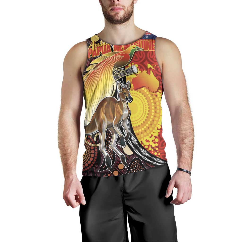 Australia and Papua New Guinea Together Men Tank Top Bird-of-paradise and Kangaroo with Oro Tapa and Aboriginal Art Motifs - Aussie Hoodie