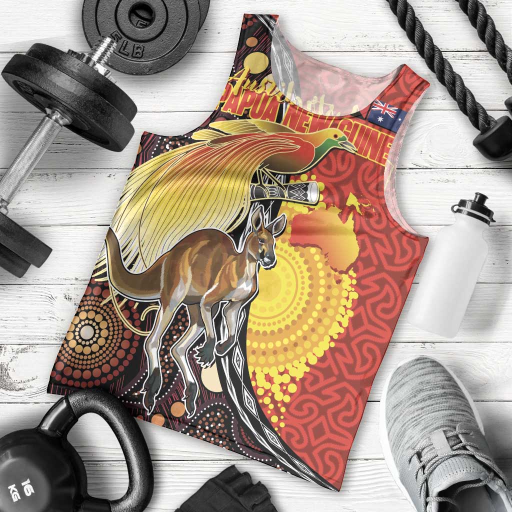 Australia and Papua New Guinea Together Men Tank Top Bird-of-paradise and Kangaroo with Oro Tapa and Aboriginal Art Motifs - Aussie Hoodie