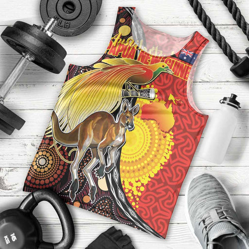 Australia and Papua New Guinea Together Men Tank Top Bird-of-paradise and Kangaroo with Oro Tapa and Aboriginal Art Motifs - Aussie Hoodie