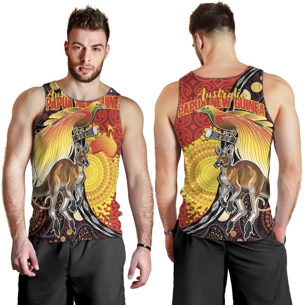 Australia and Papua New Guinea Together Men Tank Top Bird-of-paradise and Kangaroo with Oro Tapa and Aboriginal Art Motifs - Aussie Hoodie