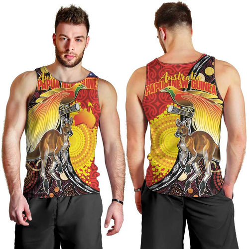 Australia and Papua New Guinea Together Men Tank Top Bird-of-paradise and Kangaroo with Oro Tapa and Aboriginal Art Motifs - Aussie Hoodie