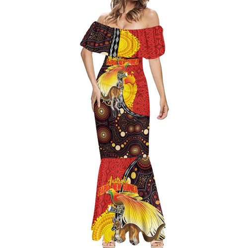 Australia and Papua New Guinea Together Mermaid Dress Bird-of-paradise and Kangaroo with Oro Tapa and Aboriginal Art Motifs - Aussie Hoodie