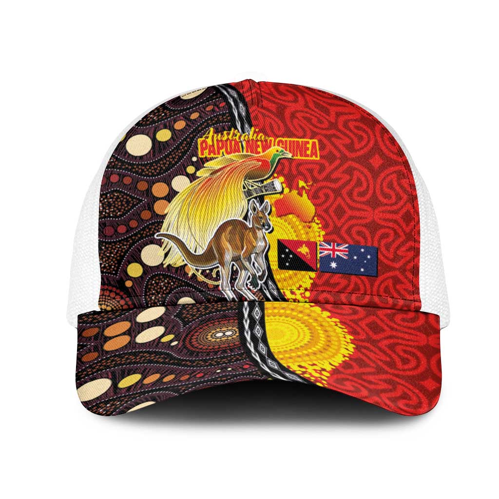 Australia and Papua New Guinea Together Mesh Trucker Cap Bird-of-paradise and Kangaroo with Oro Tapa and Aboriginal Art Motifs - Aussie Hoodie
