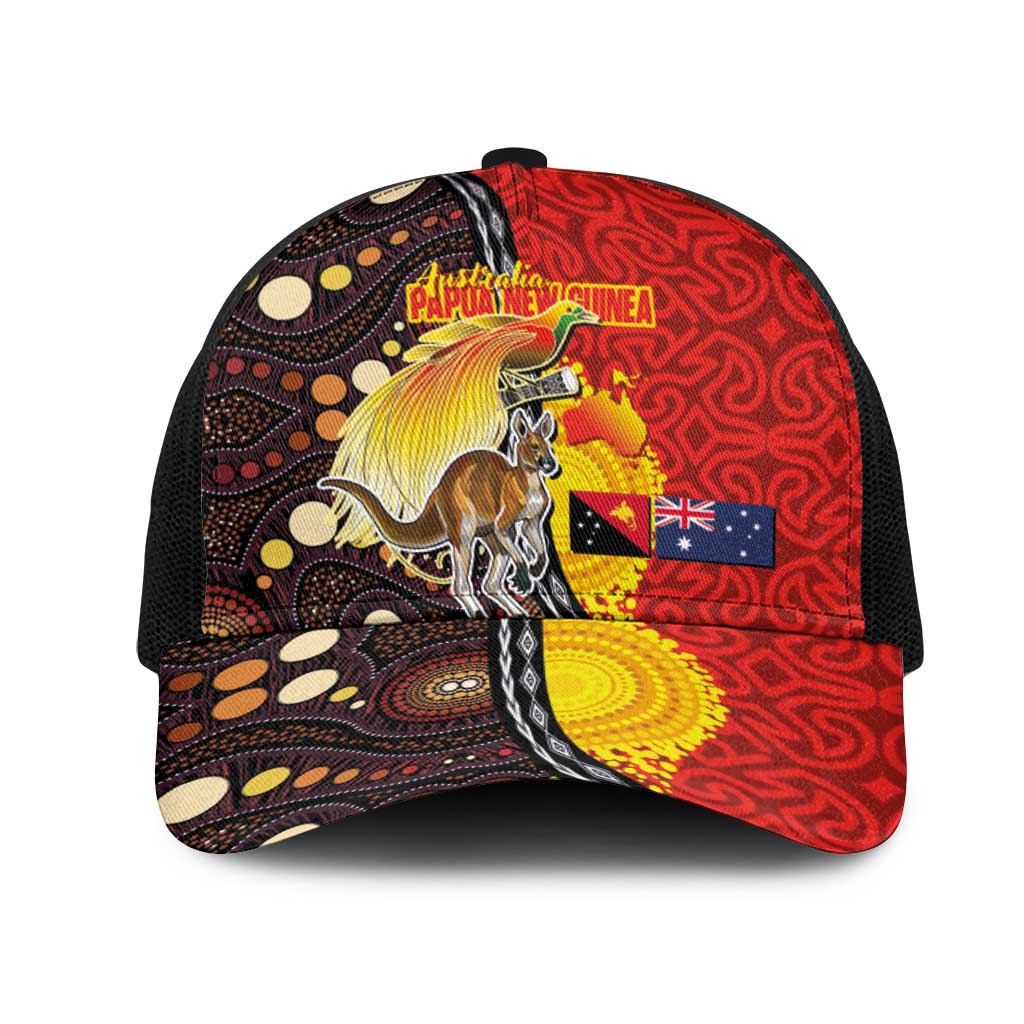Australia and Papua New Guinea Together Mesh Trucker Cap Bird-of-paradise and Kangaroo with Oro Tapa and Aboriginal Art Motifs - Aussie Hoodie