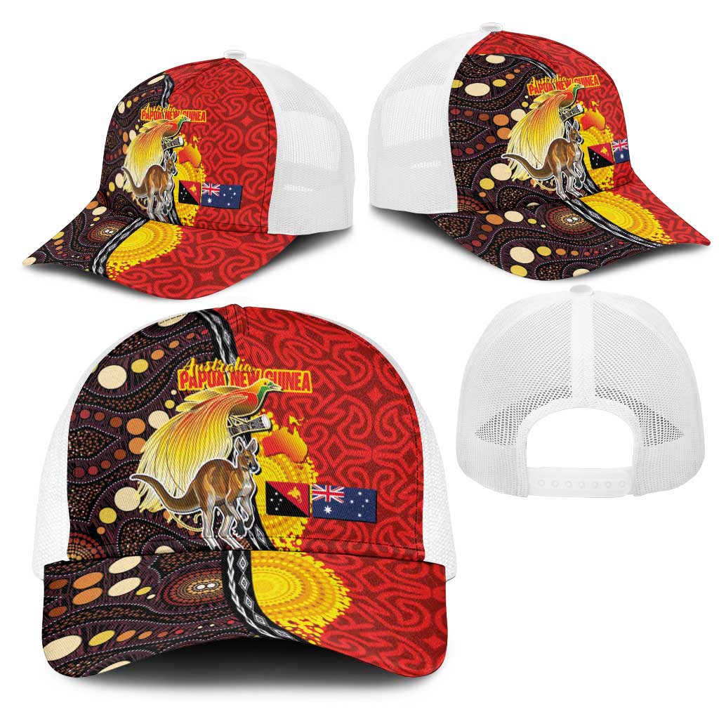 Australia and Papua New Guinea Together Mesh Trucker Cap Bird-of-paradise and Kangaroo with Oro Tapa and Aboriginal Art Motifs - Aussie Hoodie