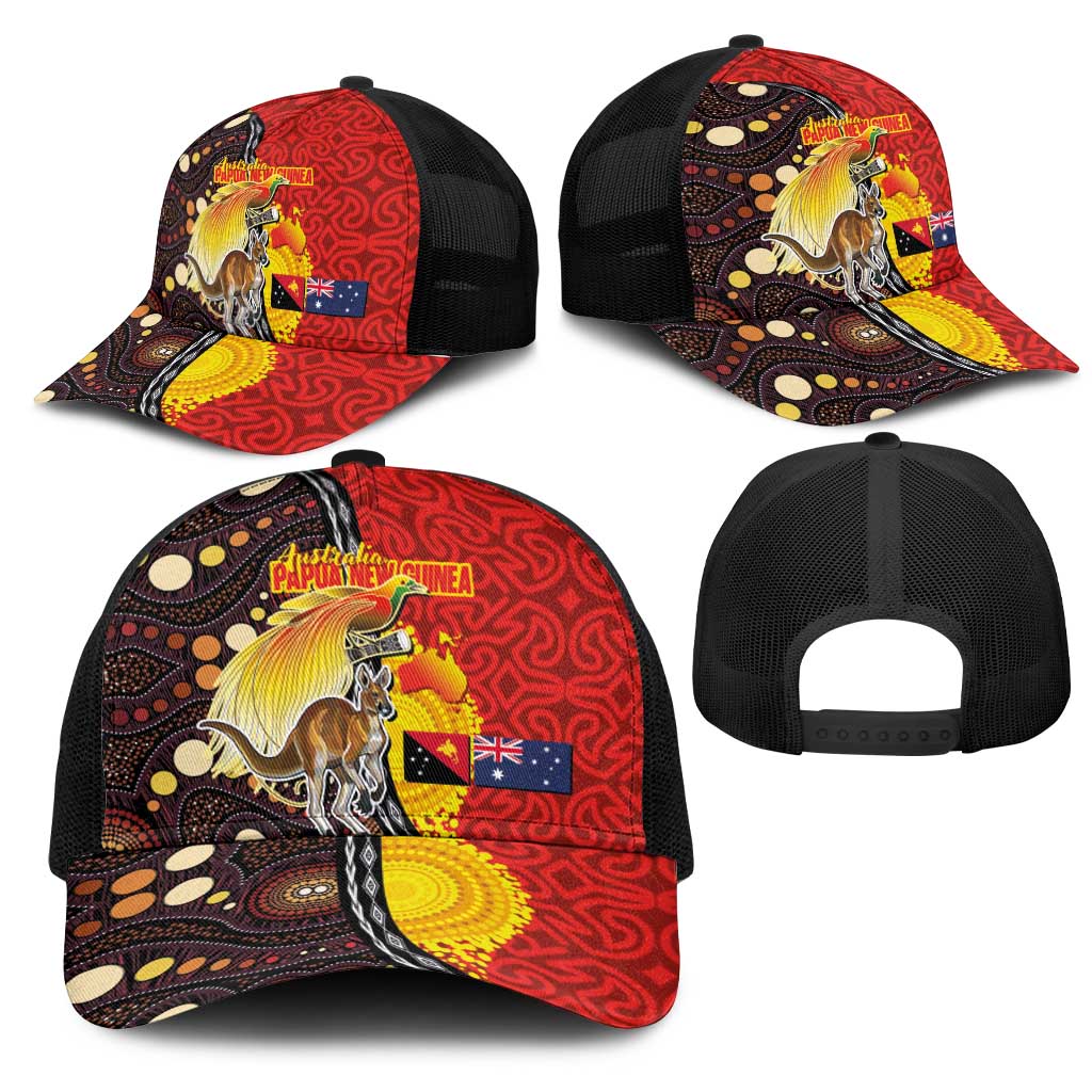 Australia and Papua New Guinea Together Mesh Trucker Cap Bird-of-paradise and Kangaroo with Oro Tapa and Aboriginal Art Motifs - Aussie Hoodie