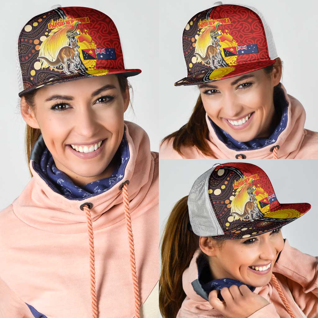 Australia and Papua New Guinea Together Mesh Trucker Cap Bird-of-paradise and Kangaroo with Oro Tapa and Aboriginal Art Motifs - Aussie Hoodie