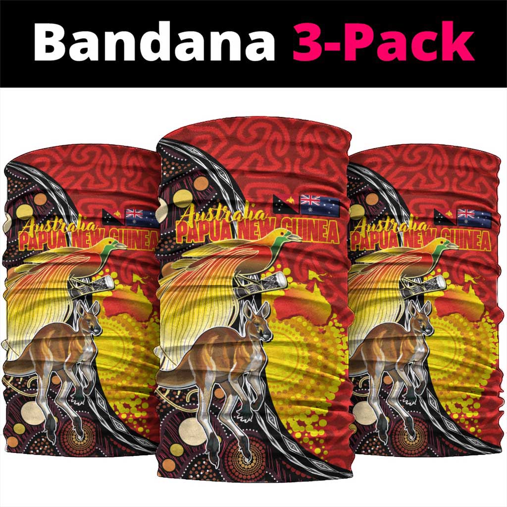 Australia and Papua New Guinea Together Neck Gaiter Bird-of-paradise and Kangaroo with Oro Tapa and Aboriginal Art Motifs - Aussie Hoodie