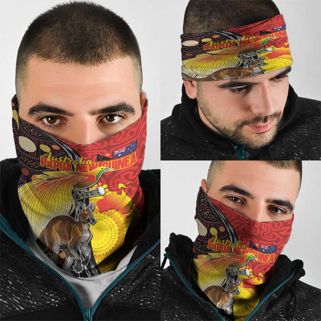 Australia and Papua New Guinea Together Neck Gaiter Bird-of-paradise and Kangaroo with Oro Tapa and Aboriginal Art Motifs - Aussie Hoodie