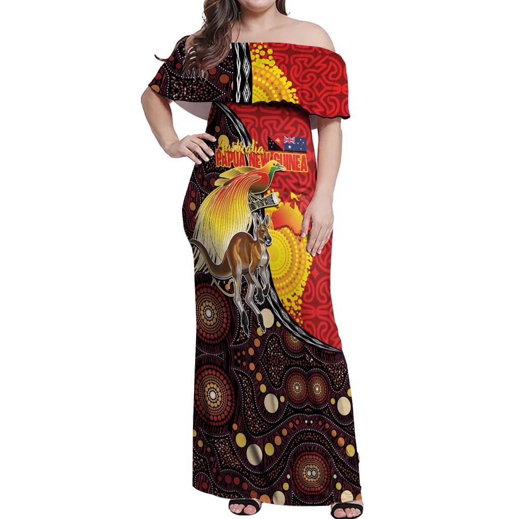 Australia and Papua New Guinea Together Off Shoulder Maxi Dress Bird-of-paradise and Kangaroo with Oro Tapa and Aboriginal Art Motifs - Aussie Hoodie