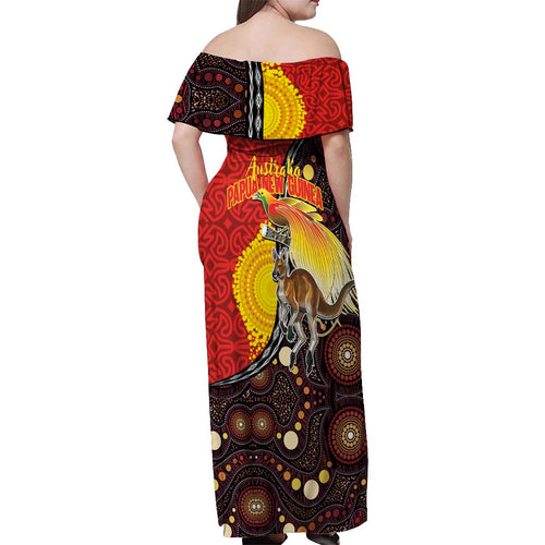 Australia and Papua New Guinea Together Off Shoulder Maxi Dress Bird-of-paradise and Kangaroo with Oro Tapa and Aboriginal Art Motifs - Aussie Hoodie