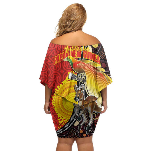 Australia and Papua New Guinea Together Off Shoulder Short Dress Bird-of-paradise and Kangaroo with Oro Tapa and Aboriginal Art Motifs - Aussie Hoodie