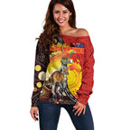 Australia and Papua New Guinea Together Off Shoulder Sweater Bird-of-paradise and Kangaroo with Oro Tapa and Aboriginal Art Motifs - Aussie Hoodie