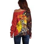 Australia and Papua New Guinea Together Off Shoulder Sweater Bird-of-paradise and Kangaroo with Oro Tapa and Aboriginal Art Motifs - Aussie Hoodie