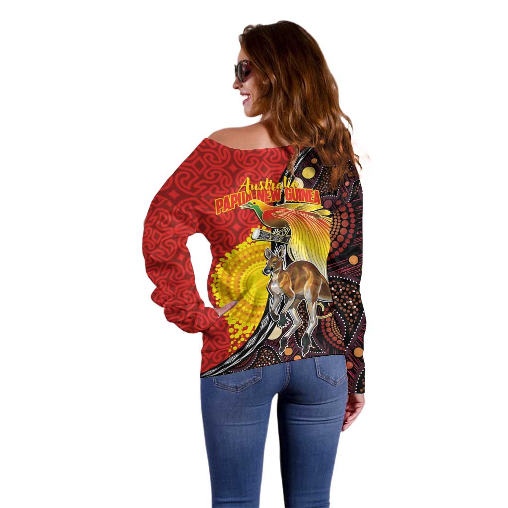 Australia and Papua New Guinea Together Off Shoulder Sweater Bird-of-paradise and Kangaroo with Oro Tapa and Aboriginal Art Motifs - Aussie Hoodie
