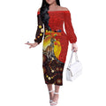 Australia and Papua New Guinea Together Off The Shoulder Long Sleeve Dress Bird-of-paradise and Kangaroo with Oro Tapa and Aboriginal Art Motifs - Aussie Hoodie