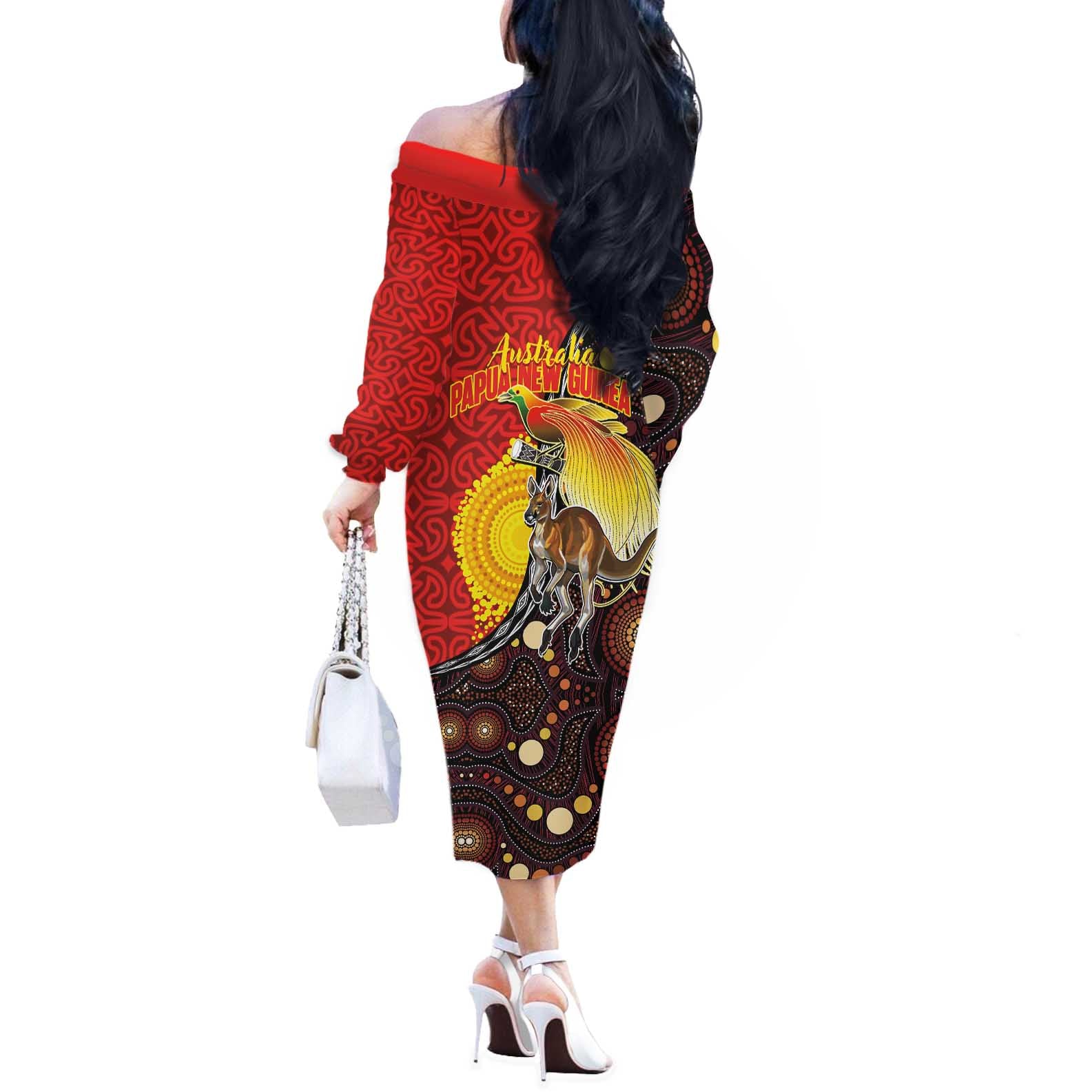 Australia and Papua New Guinea Together Off The Shoulder Long Sleeve Dress Bird-of-paradise and Kangaroo with Oro Tapa and Aboriginal Art Motifs - Aussie Hoodie