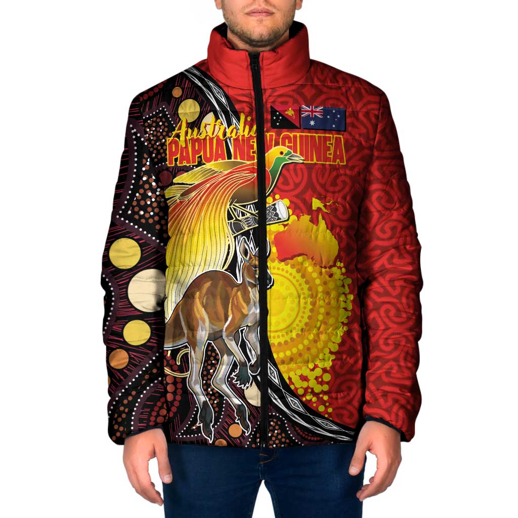 Australia and Papua New Guinea Together Padded Jacket Bird-of-paradise and Kangaroo with Oro Tapa and Aboriginal Art Motifs - Aussie Hoodie