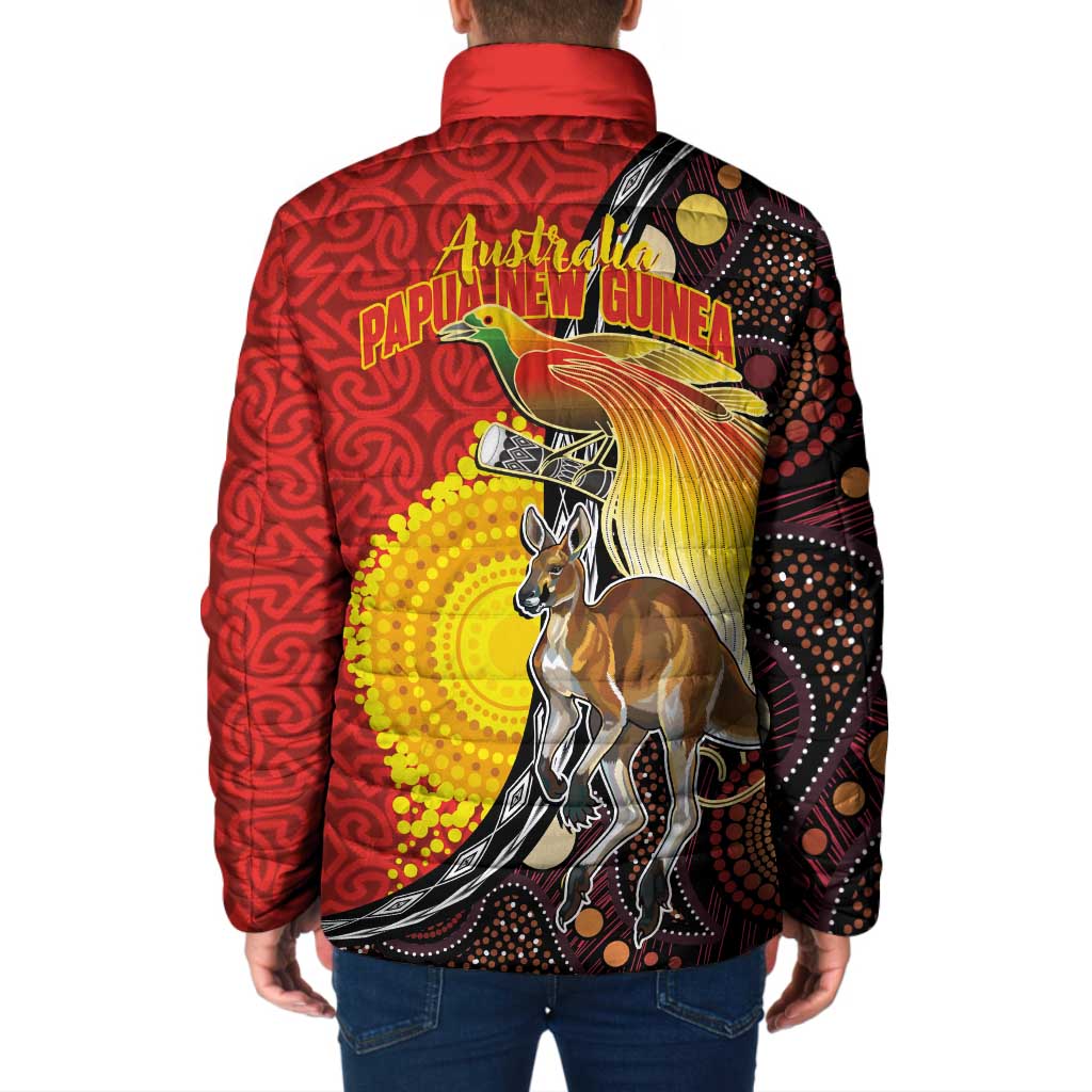 Australia and Papua New Guinea Together Padded Jacket Bird-of-paradise and Kangaroo with Oro Tapa and Aboriginal Art Motifs - Aussie Hoodie