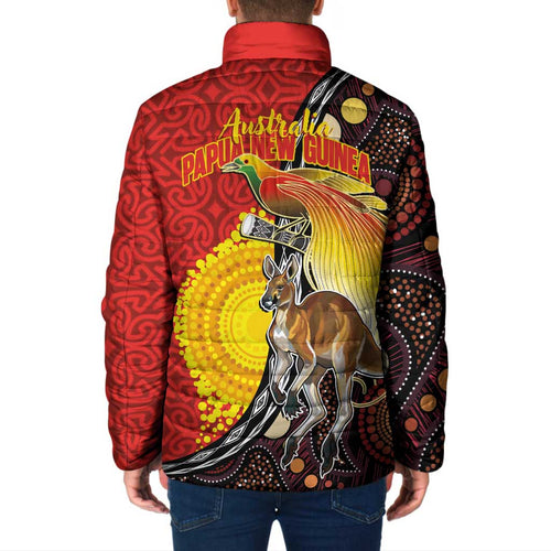 Australia and Papua New Guinea Together Padded Jacket Bird-of-paradise and Kangaroo with Oro Tapa and Aboriginal Art Motifs - Aussie Hoodie