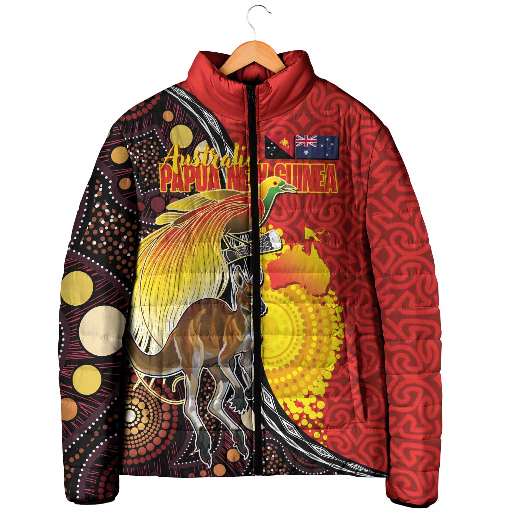 Australia and Papua New Guinea Together Padded Jacket Bird-of-paradise and Kangaroo with Oro Tapa and Aboriginal Art Motifs - Aussie Hoodie