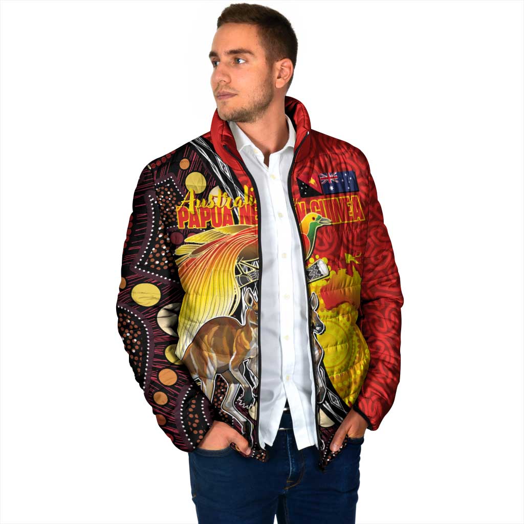 Australia and Papua New Guinea Together Padded Jacket Bird-of-paradise and Kangaroo with Oro Tapa and Aboriginal Art Motifs - Aussie Hoodie