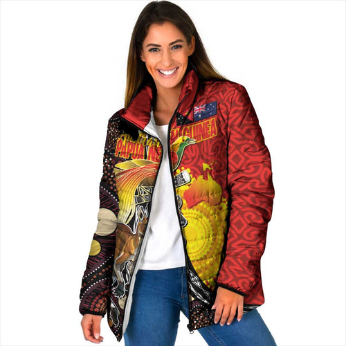 Australia and Papua New Guinea Together Padded Jacket Bird-of-paradise and Kangaroo with Oro Tapa and Aboriginal Art Motifs - Aussie Hoodie