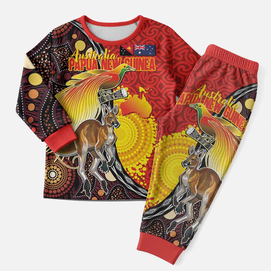 Australia and Papua New Guinea Together Christmas Pajama Set Bird-of-paradise and Kangaroo with Oro Tapa and Aboriginal Art Motifs - Aussie Hoodie