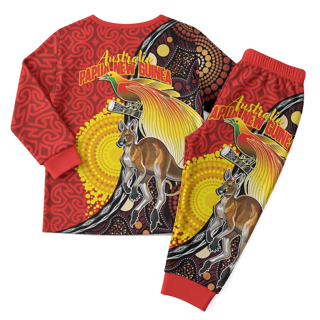 Australia and Papua New Guinea Together Christmas Pajama Set Bird-of-paradise and Kangaroo with Oro Tapa and Aboriginal Art Motifs - Aussie Hoodie