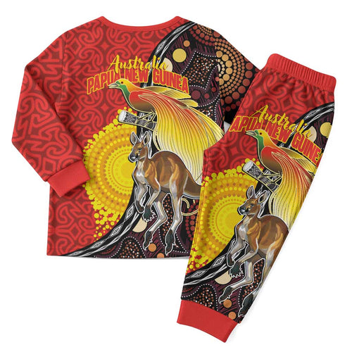 Australia and Papua New Guinea Together Christmas Pajama Set Bird-of-paradise and Kangaroo with Oro Tapa and Aboriginal Art Motifs - Aussie Hoodie