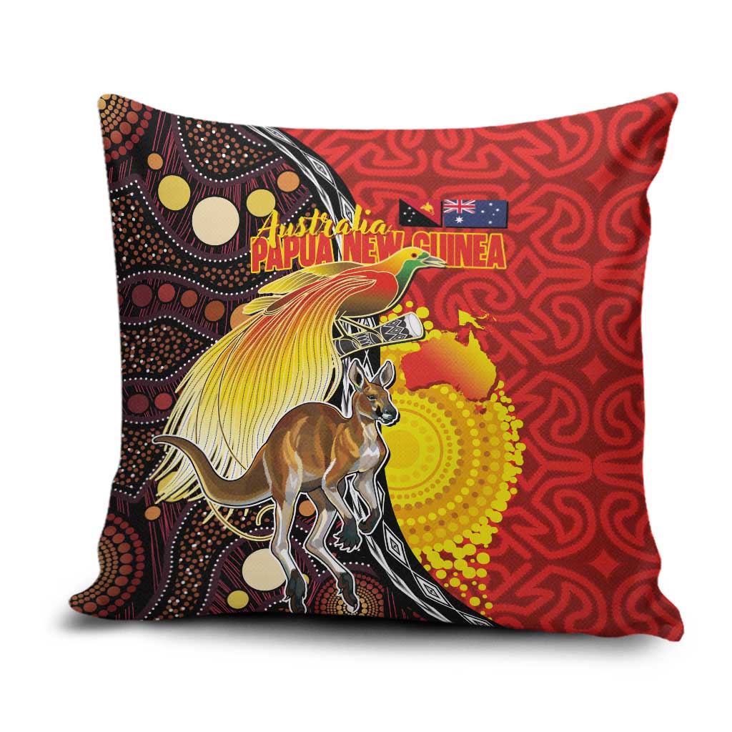 Australia and Papua New Guinea Together Pillow Cover Bird-of-paradise and Kangaroo with Oro Tapa and Aboriginal Art Motifs - Aussie Hoodie