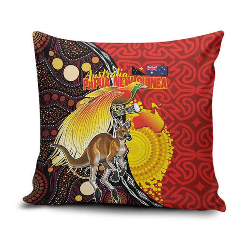 Australia and Papua New Guinea Together Pillow Cover Bird-of-paradise and Kangaroo with Oro Tapa and Aboriginal Art Motifs - Aussie Hoodie