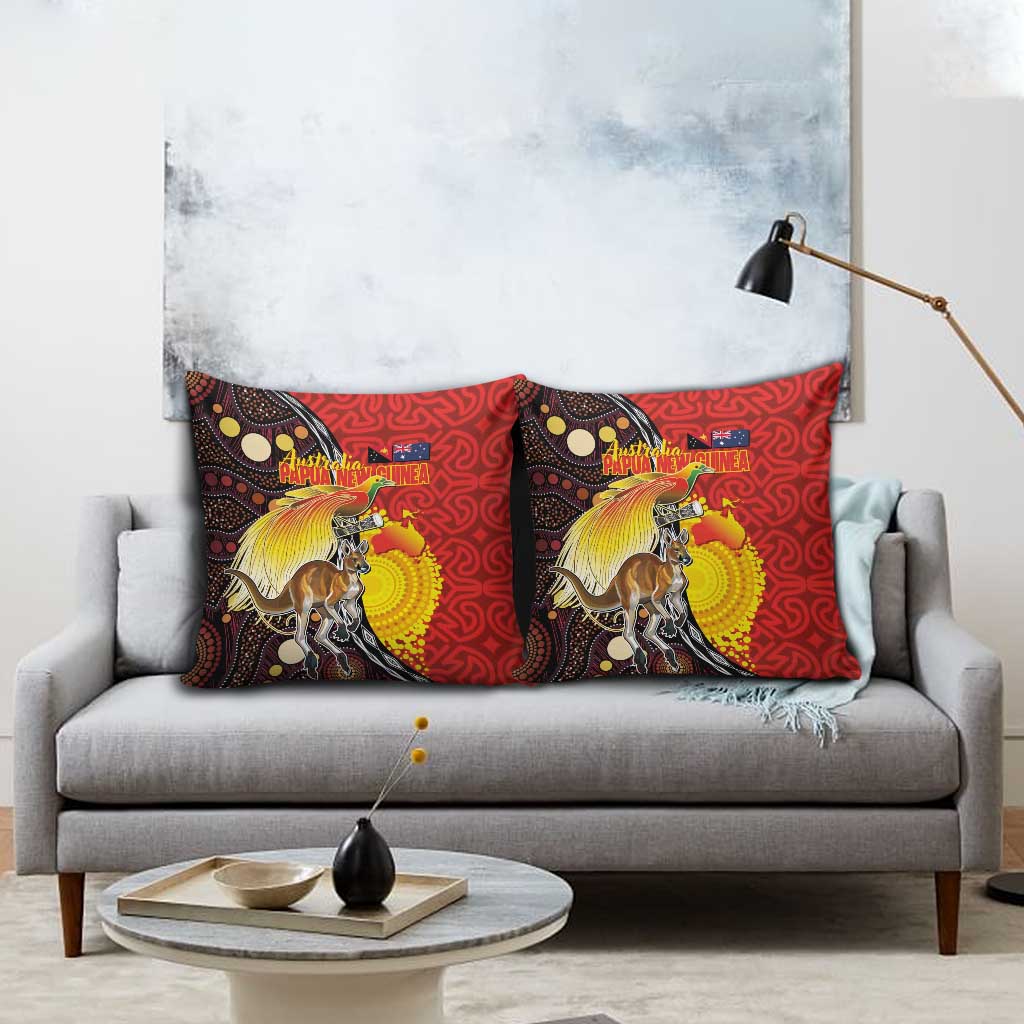 Australia and Papua New Guinea Together Pillow Cover Bird-of-paradise and Kangaroo with Oro Tapa and Aboriginal Art Motifs - Aussie Hoodie