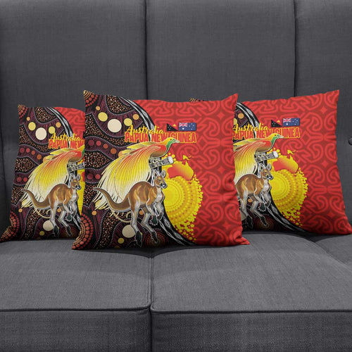 Australia and Papua New Guinea Together Pillow Cover Bird-of-paradise and Kangaroo with Oro Tapa and Aboriginal Art Motifs - Aussie Hoodie