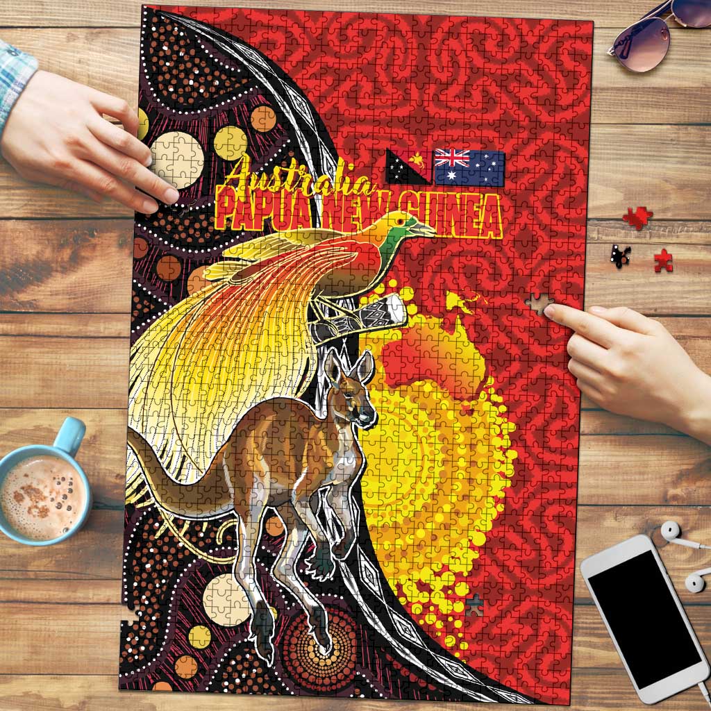 Australia and Papua New Guinea Together Puzzle Bird-of-paradise and Kangaroo with Oro Tapa and Aboriginal Art Motifs - Aussie Hoodie