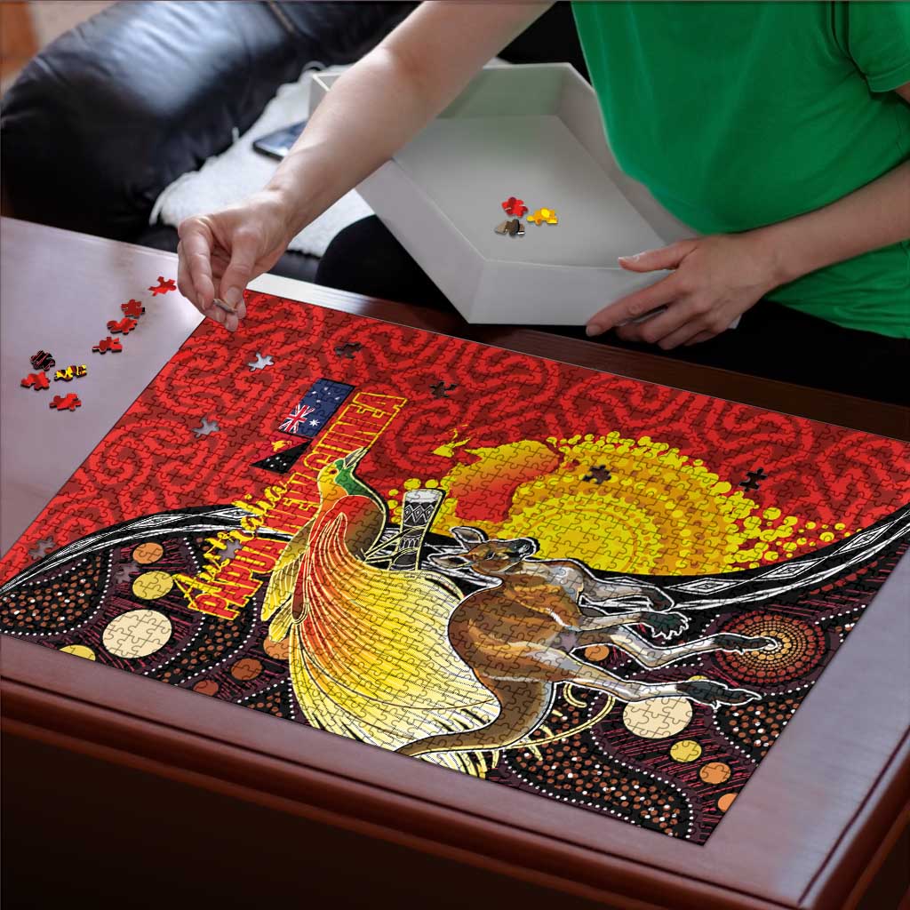 Australia and Papua New Guinea Together Puzzle Bird-of-paradise and Kangaroo with Oro Tapa and Aboriginal Art Motifs - Aussie Hoodie