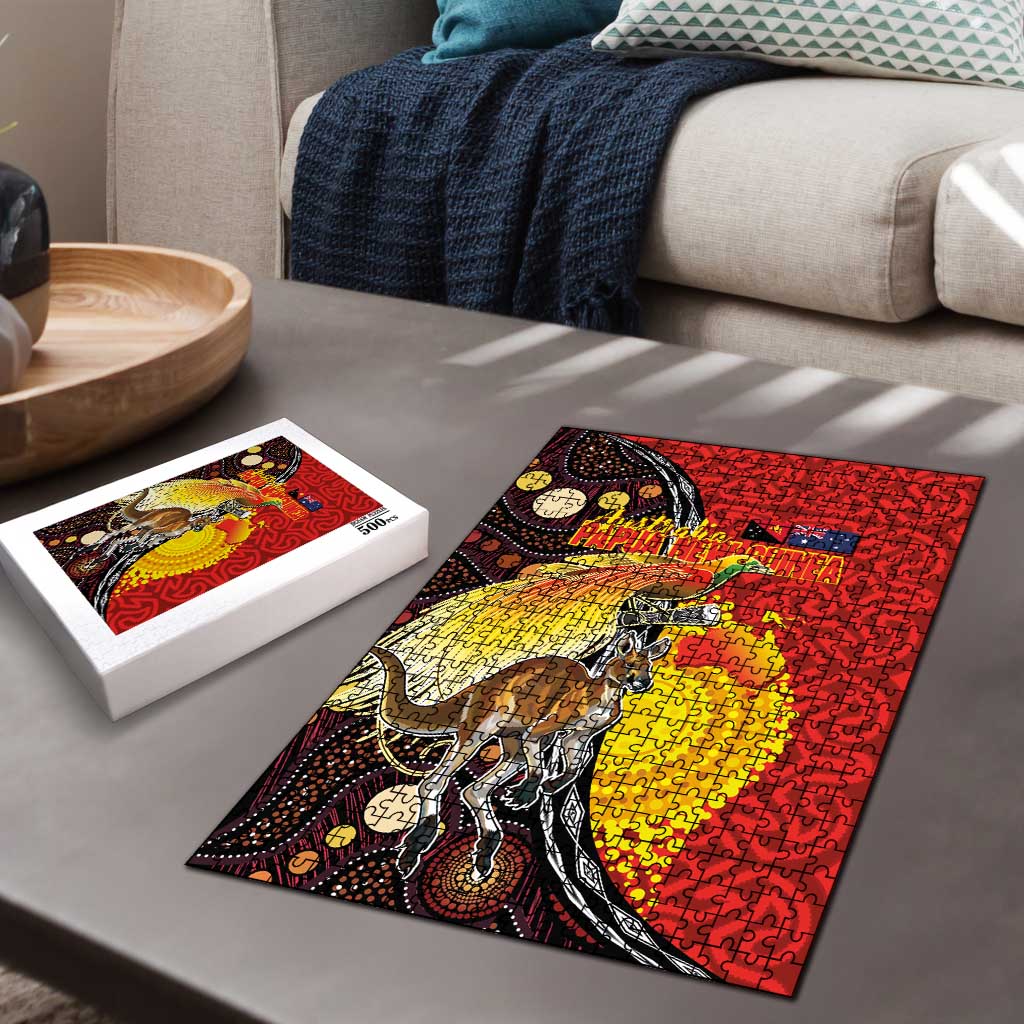Australia and Papua New Guinea Together Puzzle Bird-of-paradise and Kangaroo with Oro Tapa and Aboriginal Art Motifs - Aussie Hoodie