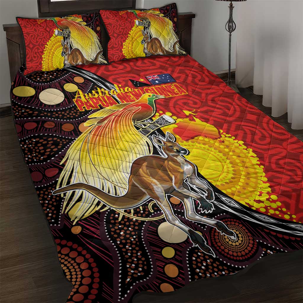 Australia and Papua New Guinea Together Quilt Bed Set Bird-of-paradise and Kangaroo with Oro Tapa and Aboriginal Art Motifs - Aussie Hoodie