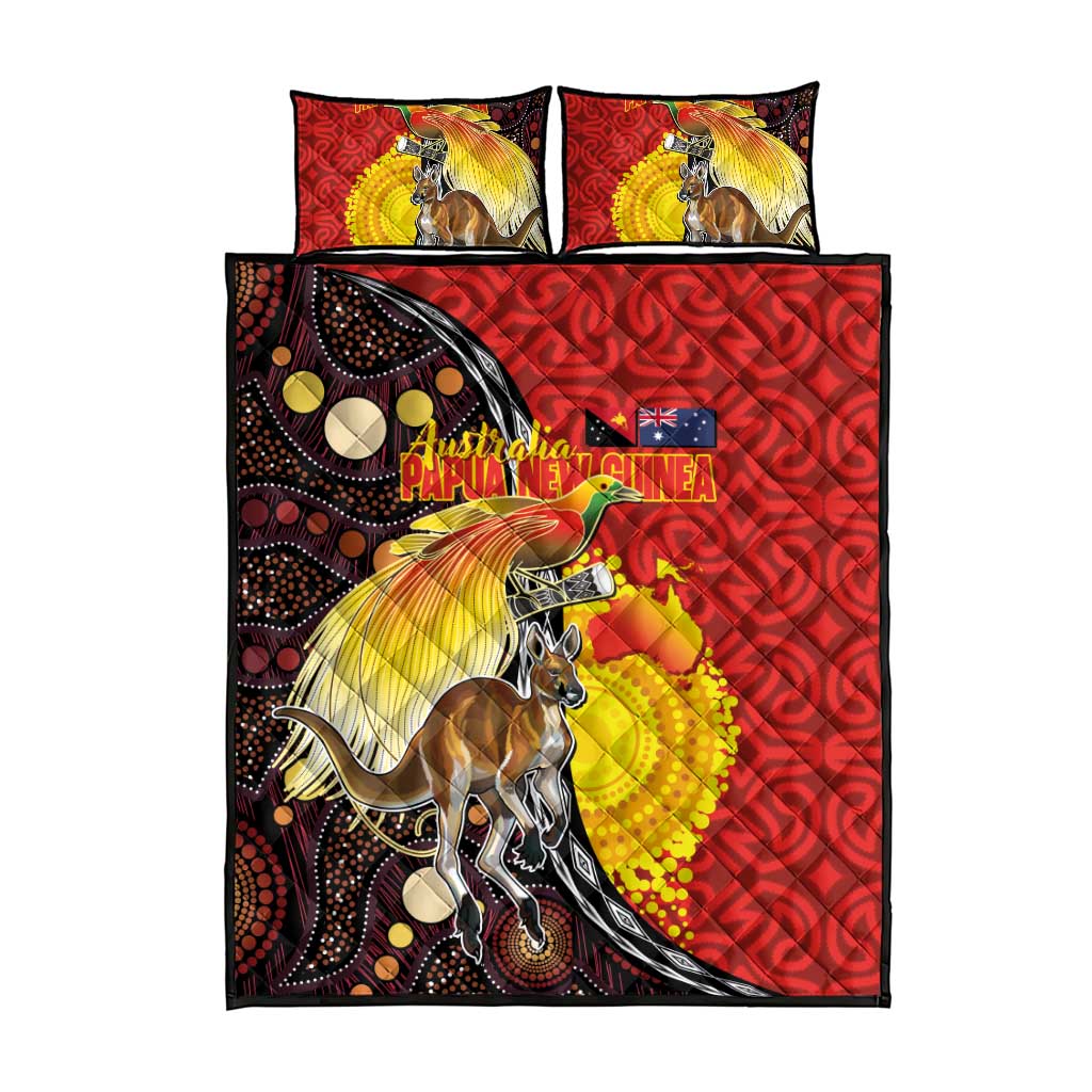 Australia and Papua New Guinea Together Quilt Bed Set Bird-of-paradise and Kangaroo with Oro Tapa and Aboriginal Art Motifs - Aussie Hoodie