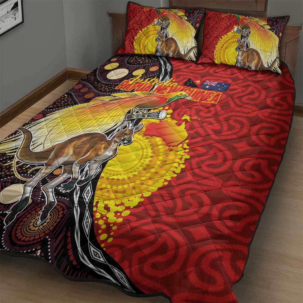 Australia and Papua New Guinea Together Quilt Bed Set Bird-of-paradise and Kangaroo with Oro Tapa and Aboriginal Art Motifs - Aussie Hoodie